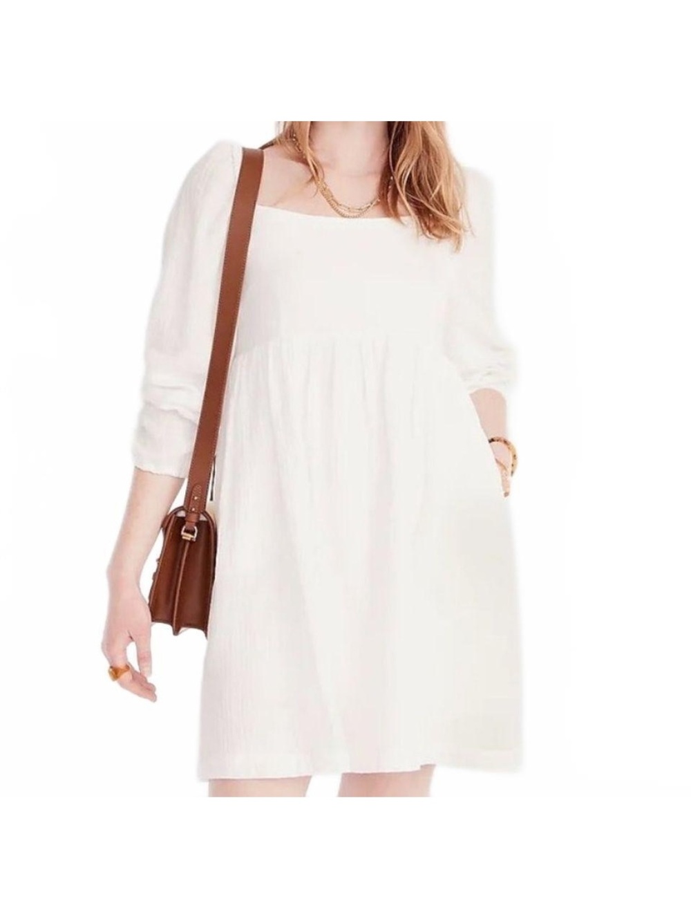 NWT J CREW BABYDOLL MINI DRESS WHITE SMOCKED SQUARE NECK GAUZE PEASANT SLEEVE XL
